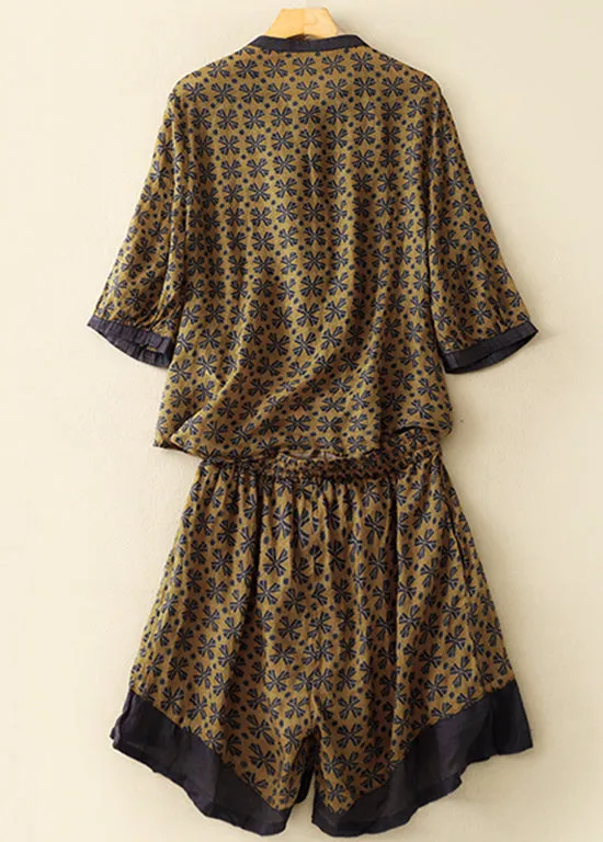 Yellow Print Drawstring Linen Summer Jumpsuits