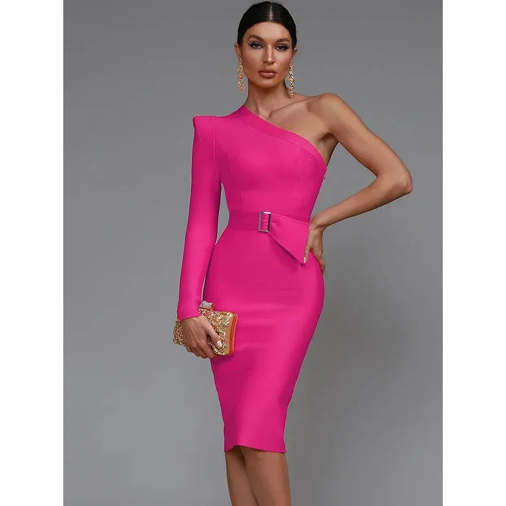 Party Dress with One-Shoulder and Waist Belt for Women