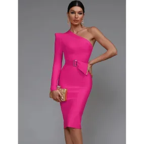 Party Dress with One-Shoulder and Waist Belt for Women