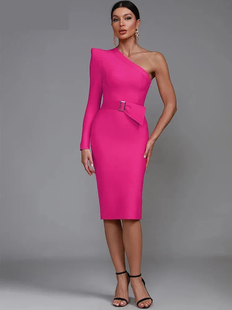 Party Dress with One-Shoulder and Waist Belt for Women