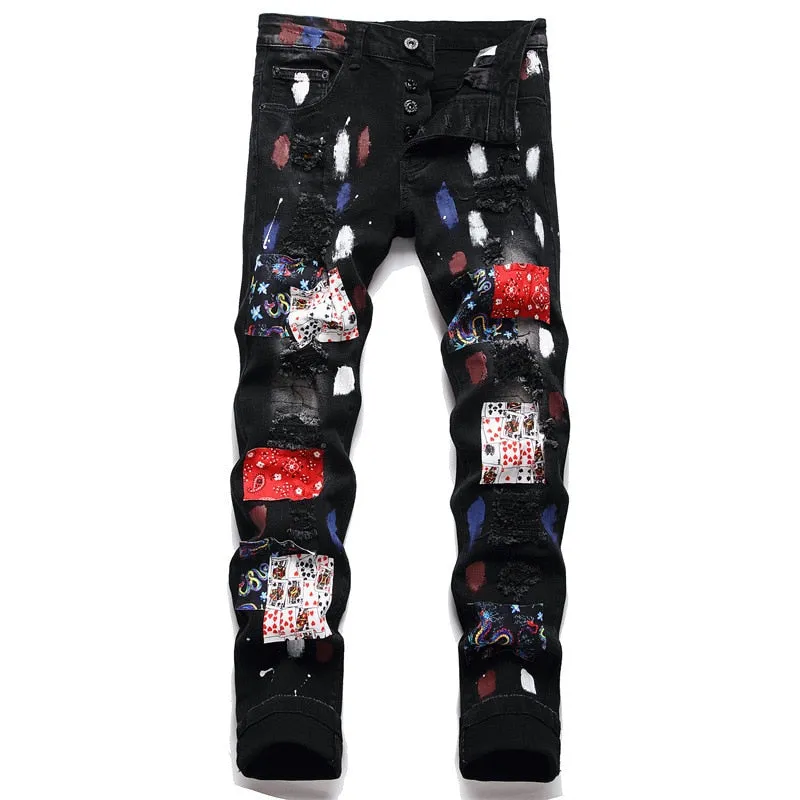 Men's Punk Style Ripped Slim Fit Denim Print Pattern Jeans