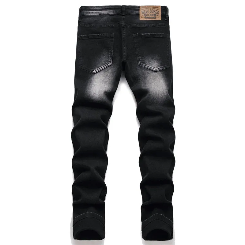 Men's Punk Style Ripped Slim Fit Denim Print Pattern Jeans