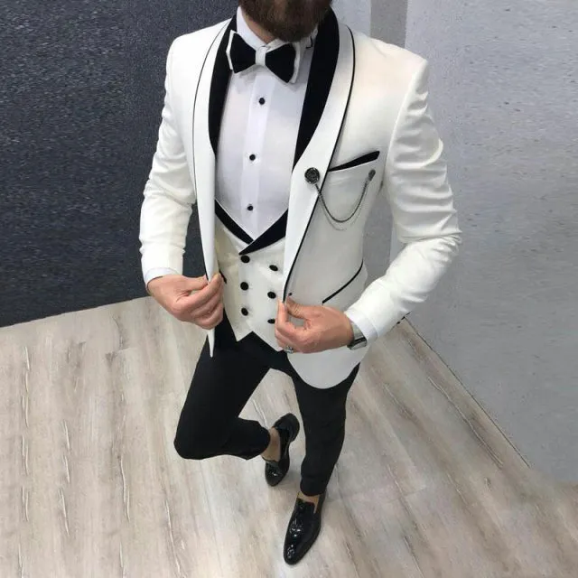 2022 Latest White Wedding Tuxedo Suit with Black Peaked Lapel