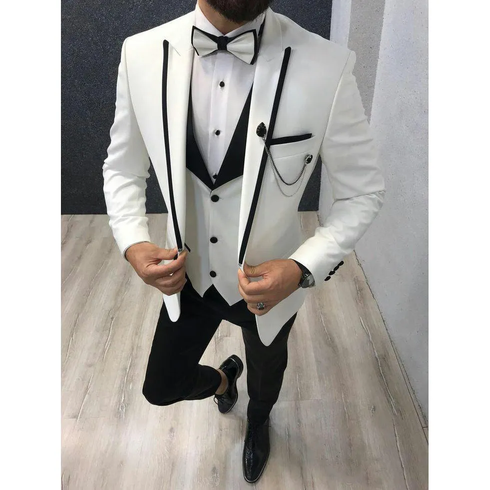 2022 Latest White Wedding Tuxedo Suit with Black Peaked Lapel