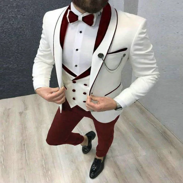 2022 Latest White Wedding Tuxedo Suit with Black Peaked Lapel