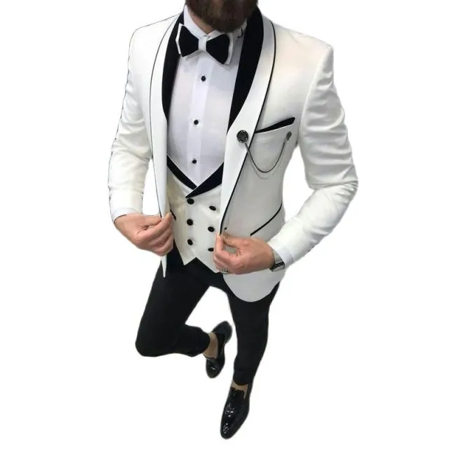 2022 Latest White Wedding Tuxedo Suit with Black Peaked Lapel