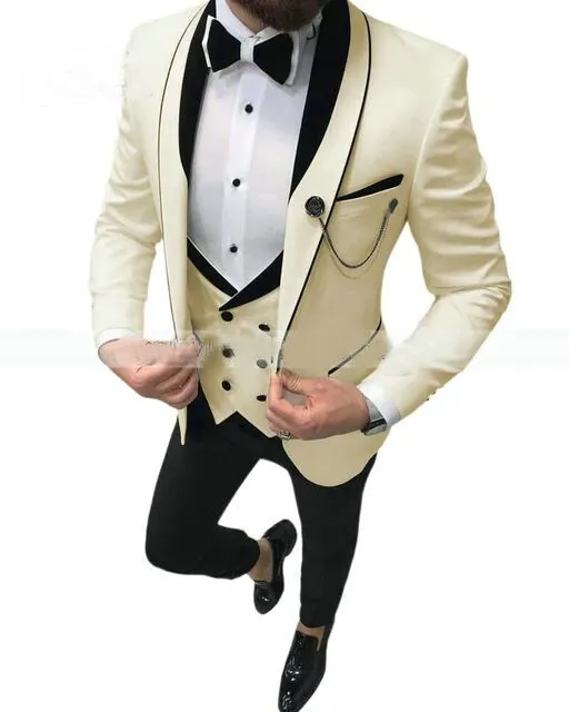 2022 Latest White Wedding Tuxedo Suit with Black Peaked Lapel