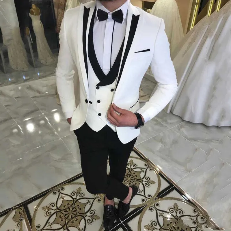 2022 Latest White Wedding Tuxedo Suit with Black Peaked Lapel