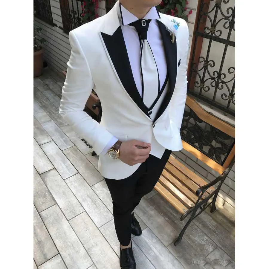 2022 Latest White Wedding Tuxedo Suit with Black Peaked Lapel