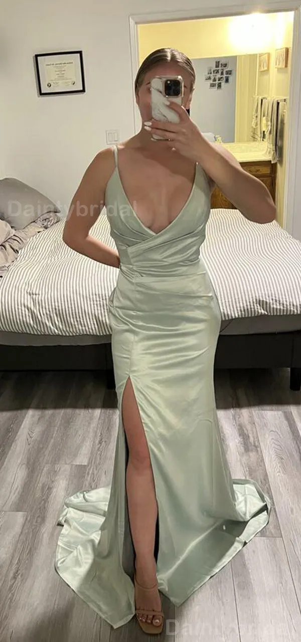 Mermaid Sage Bridesmaid Dresses with Side Slit, BG739