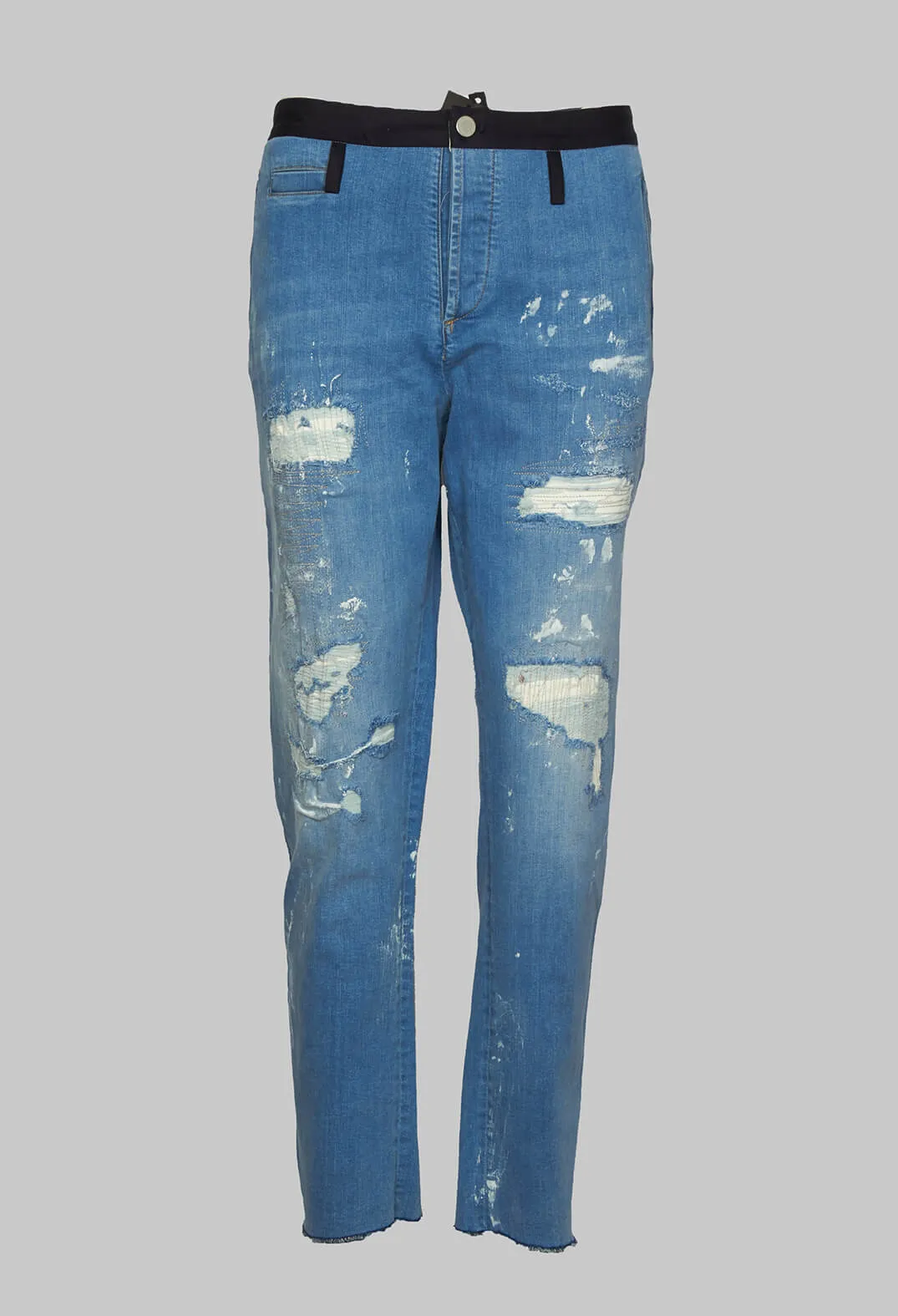 Distressed Mid Blue Tapered Jeans