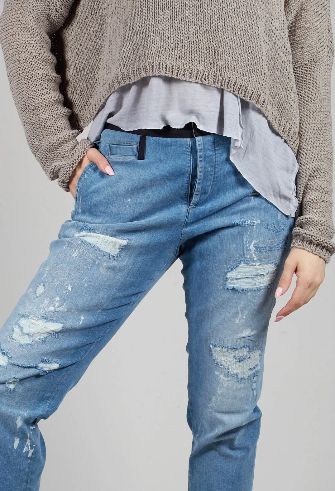 Distressed Mid Blue Tapered Jeans