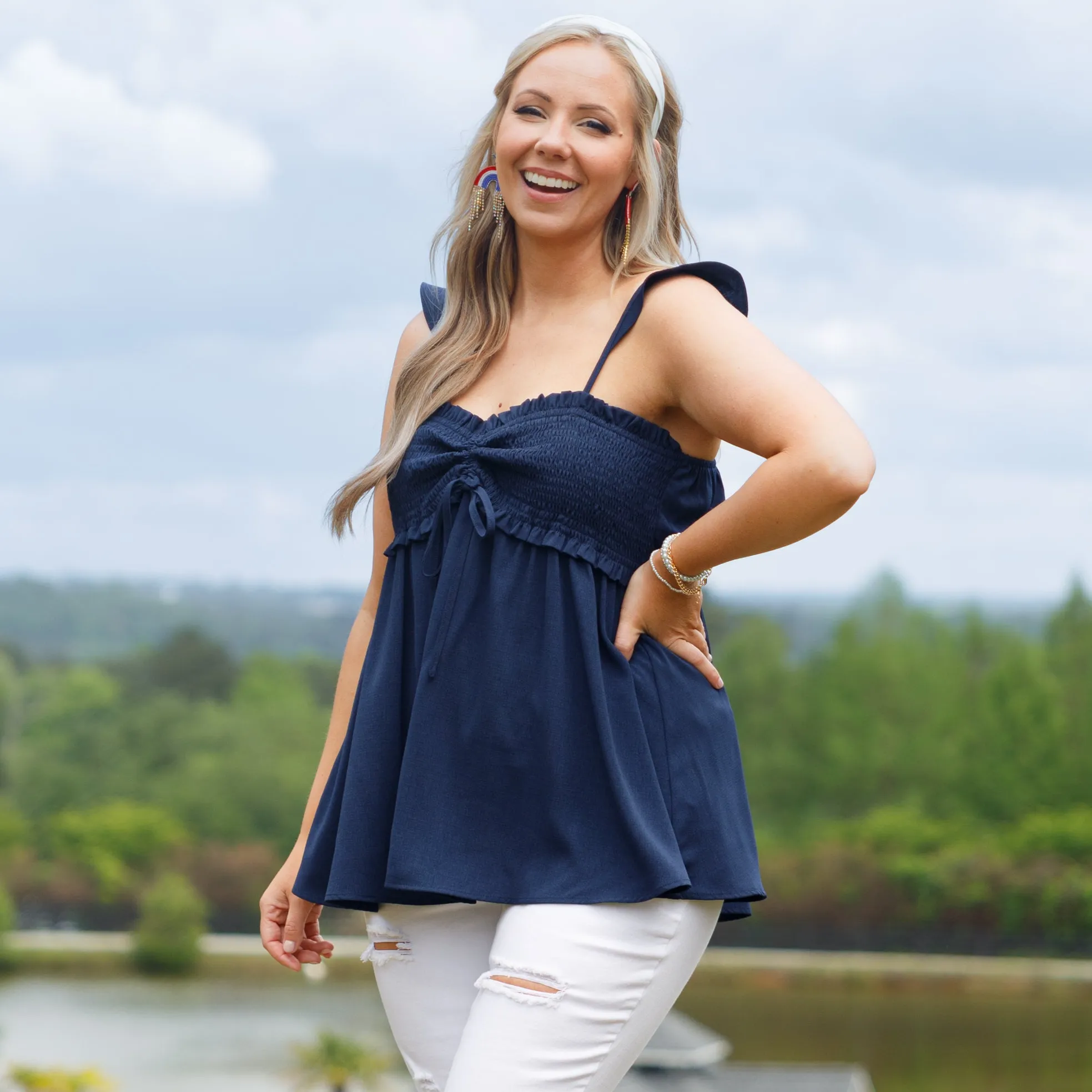 Navy Blossoming Flower Top