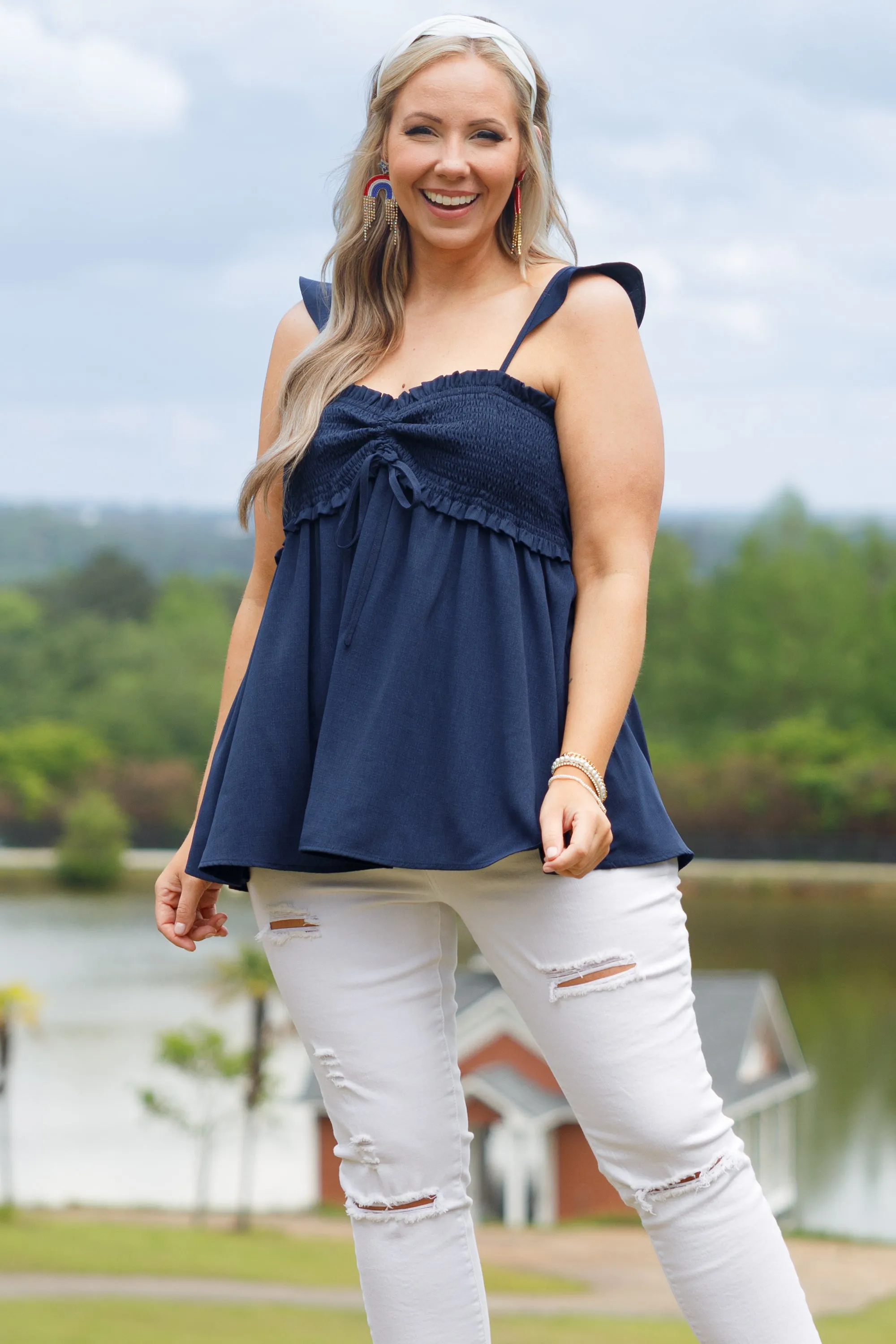 Navy Blossoming Flower Top