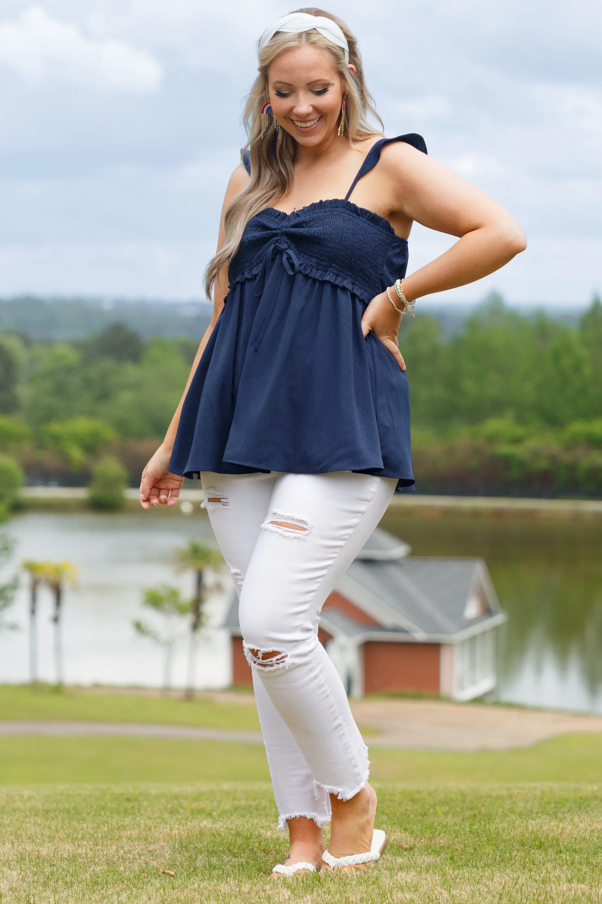 Navy Blossoming Flower Top