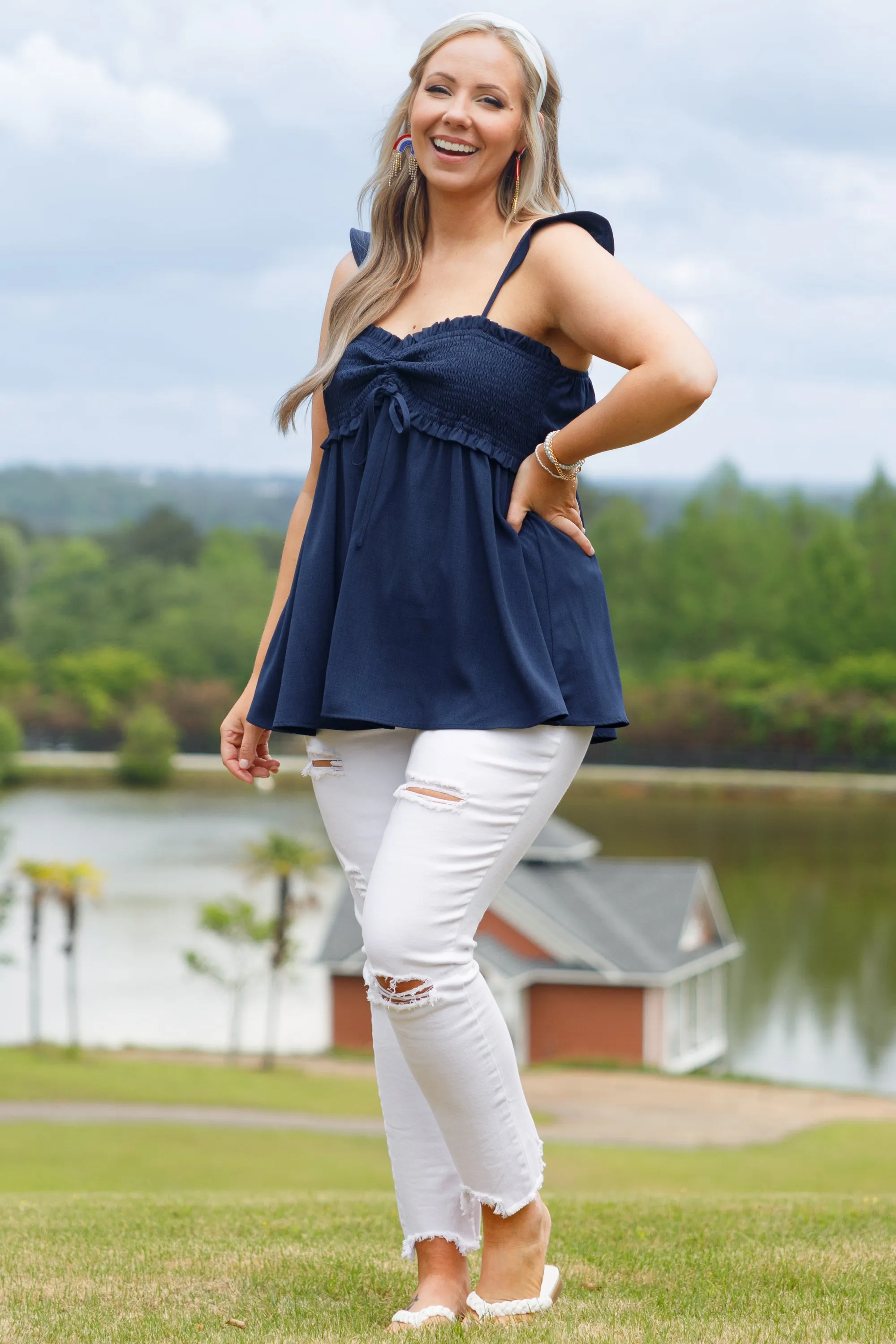 Navy Blossoming Flower Top