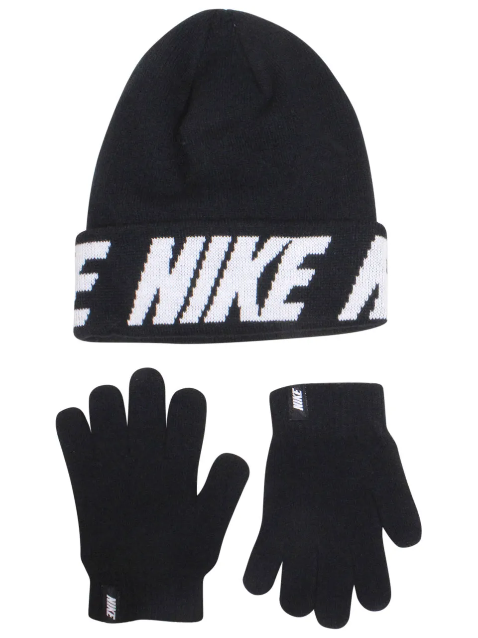 Nike Boy's Black Youth 9A2891 Repeat Stripe Hat & Gloves 2-Piece Set