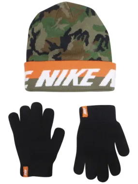 Nike Boy's Black Youth 9A2891 Repeat Stripe Hat & Gloves 2-Piece Set