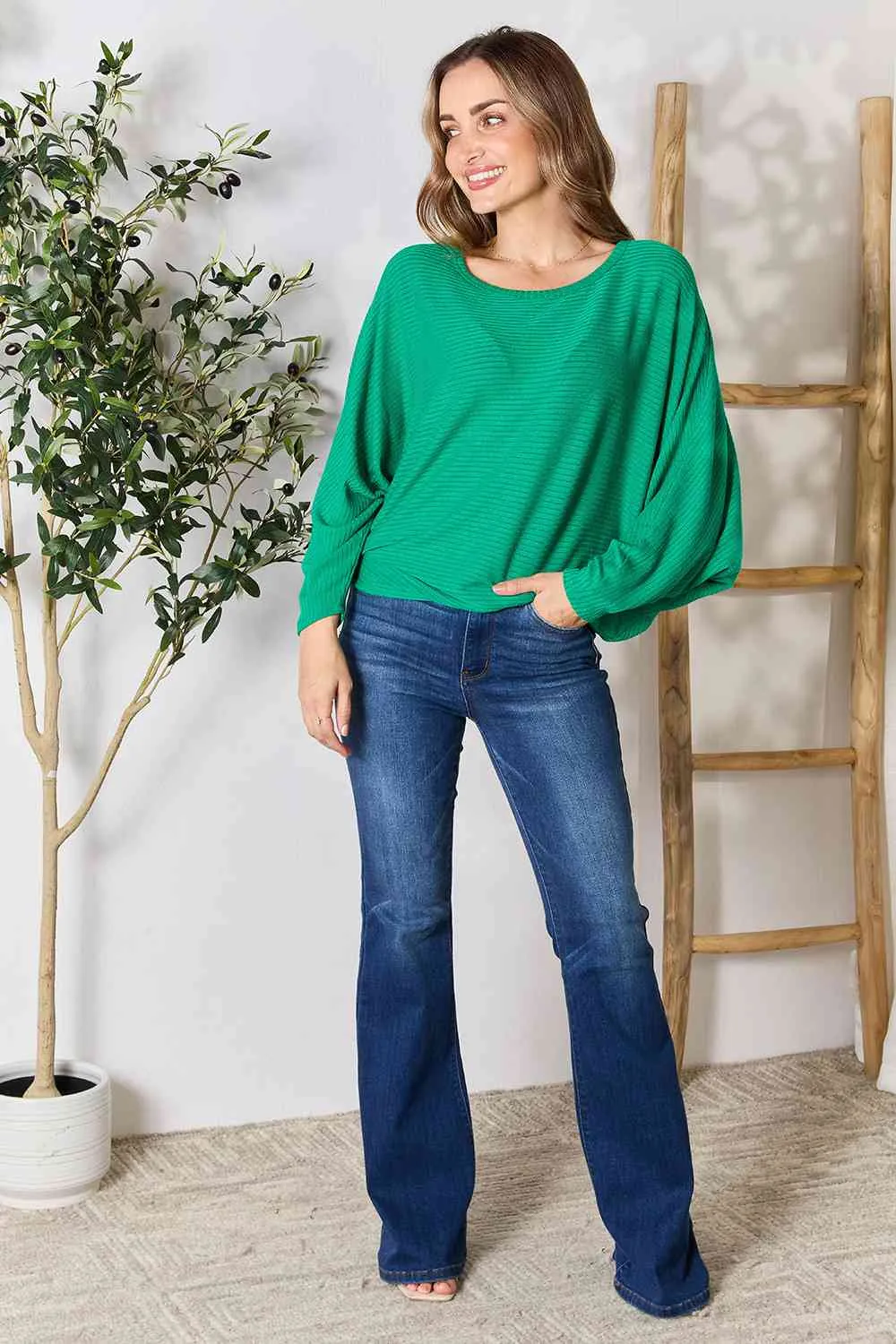 Zenana Round Neck Batwing Blouse