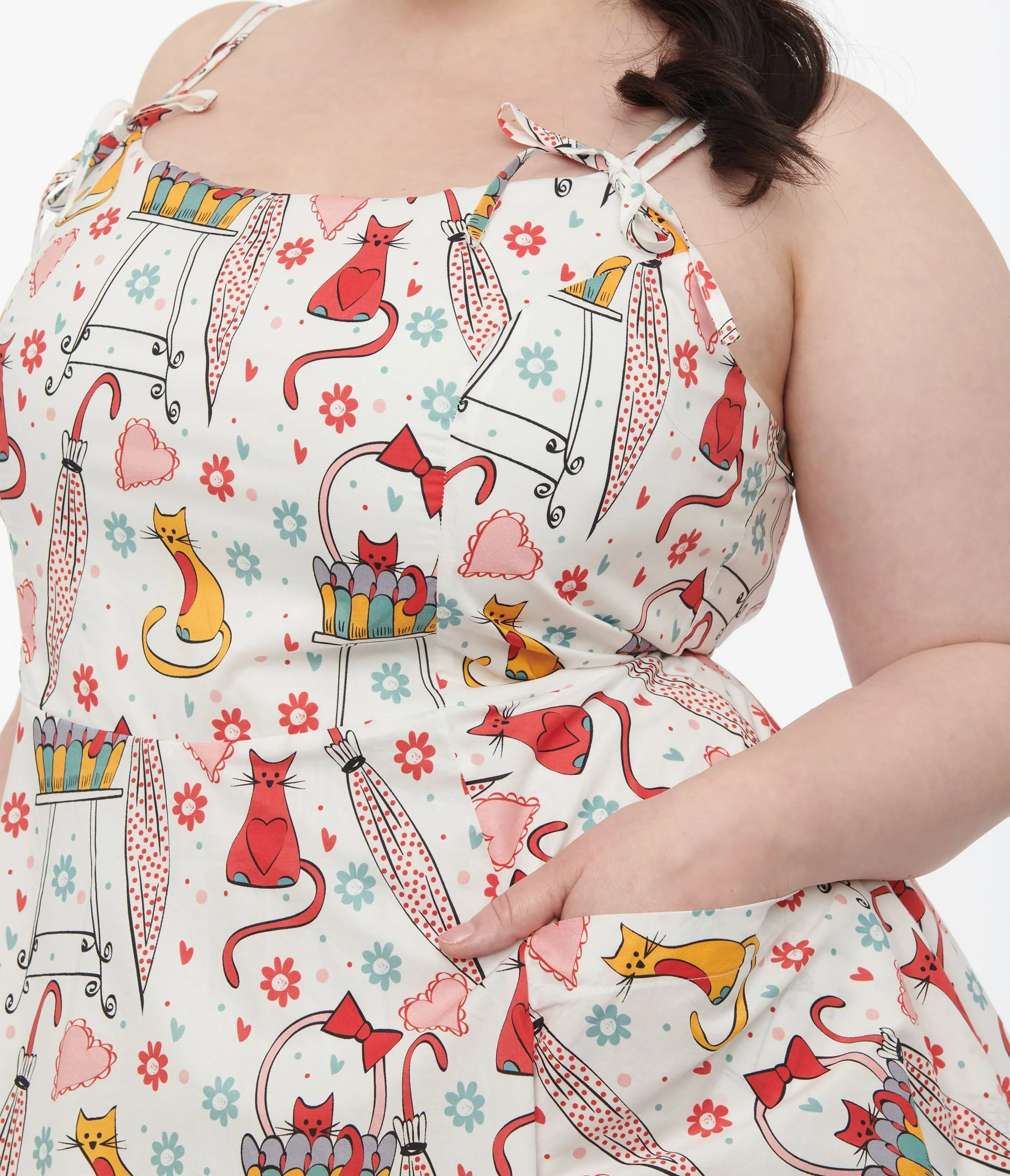 Plus Size 1950s Red & Yellow Cat Print Cotton Bobbie Swing Dress by Unique Vintage