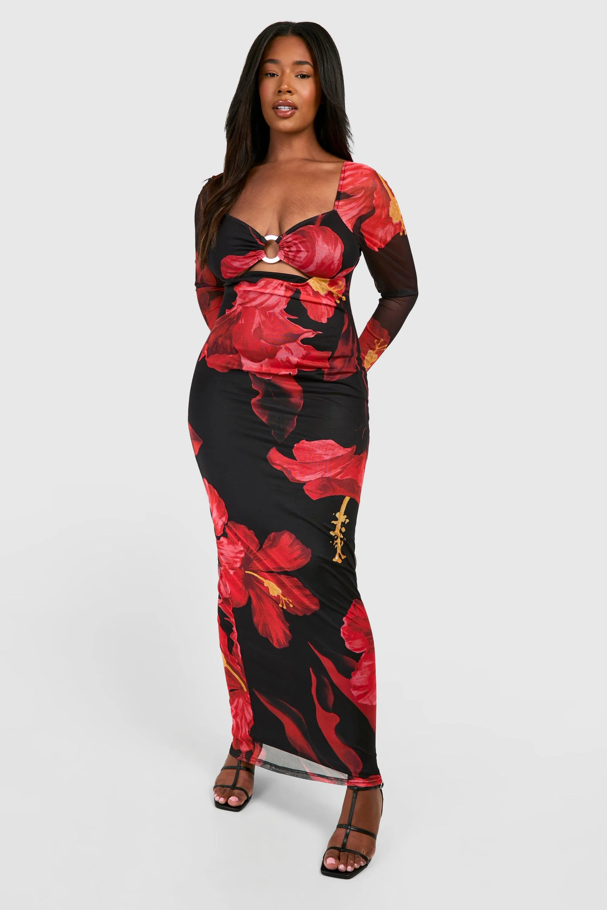 Plus Size Floral Maxi Dress with Ring Detail