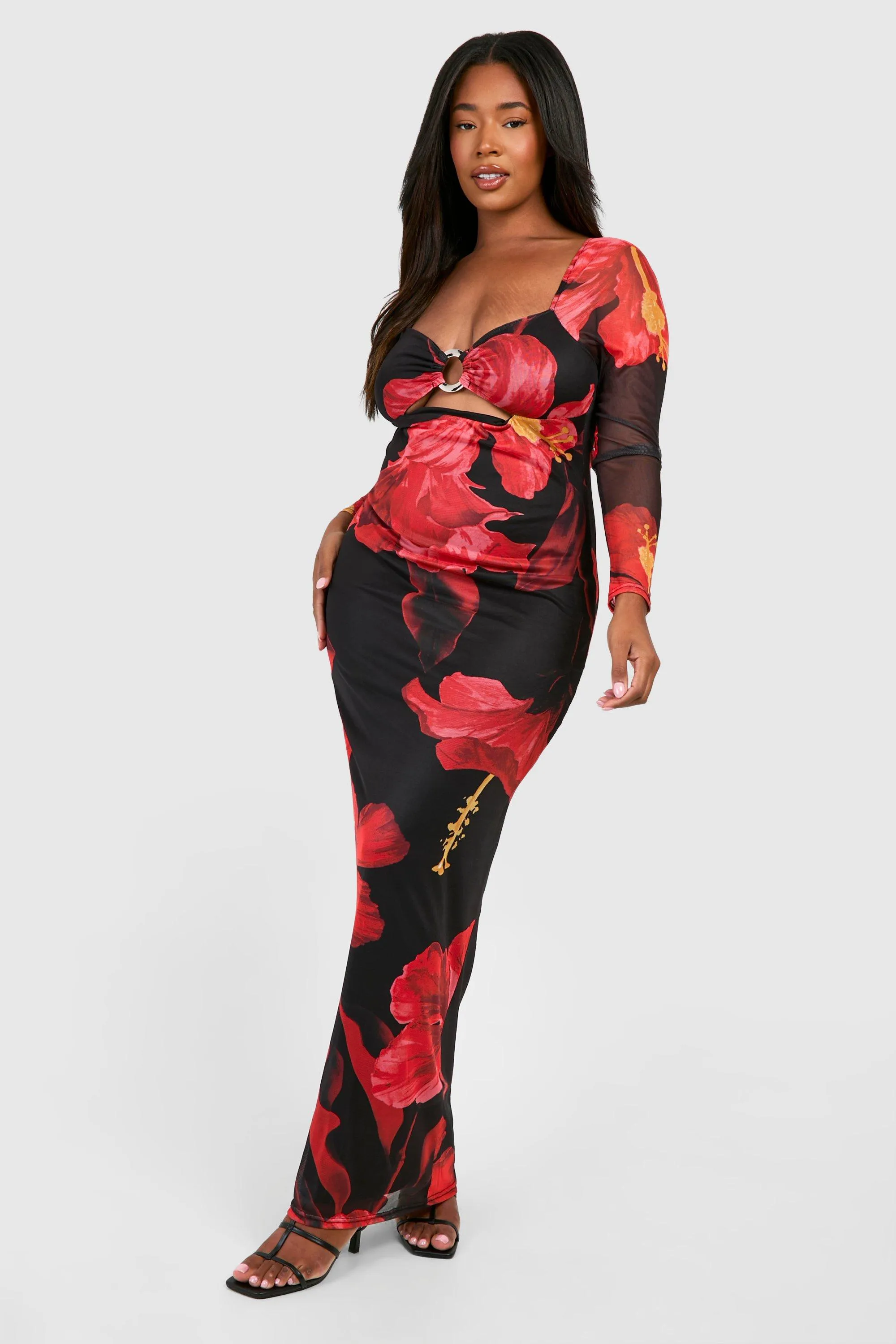 Plus Size Floral Maxi Dress with Ring Detail