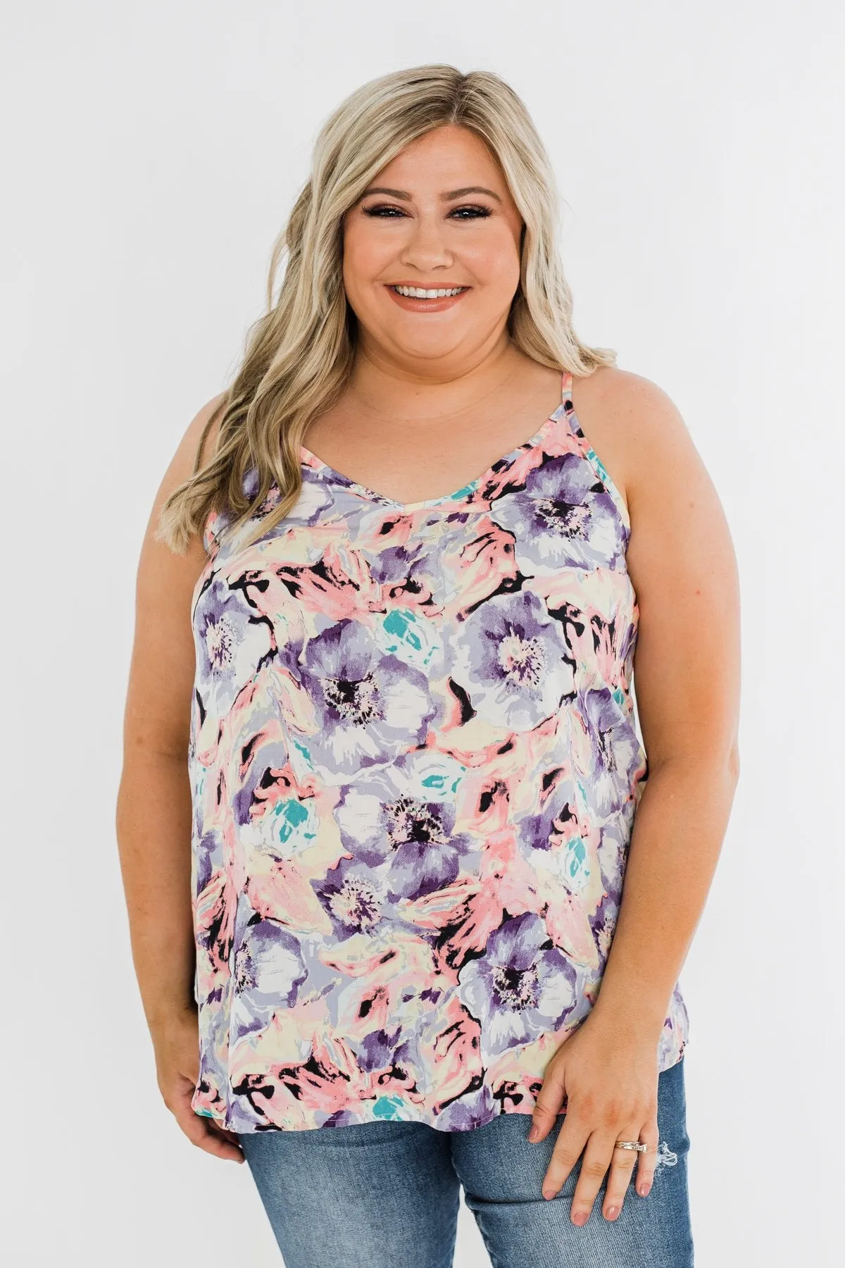 Beautiful Floral Tank Top in Purple, Pink, & Yellow