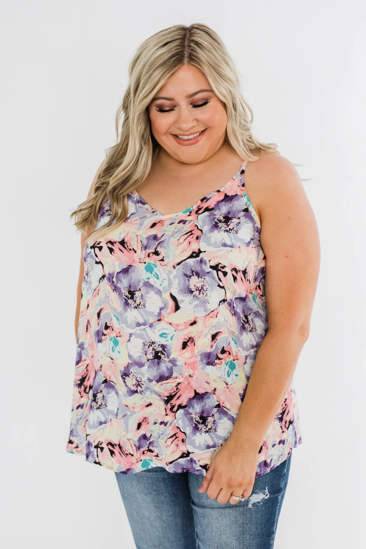 Beautiful Floral Tank Top in Purple, Pink, & Yellow