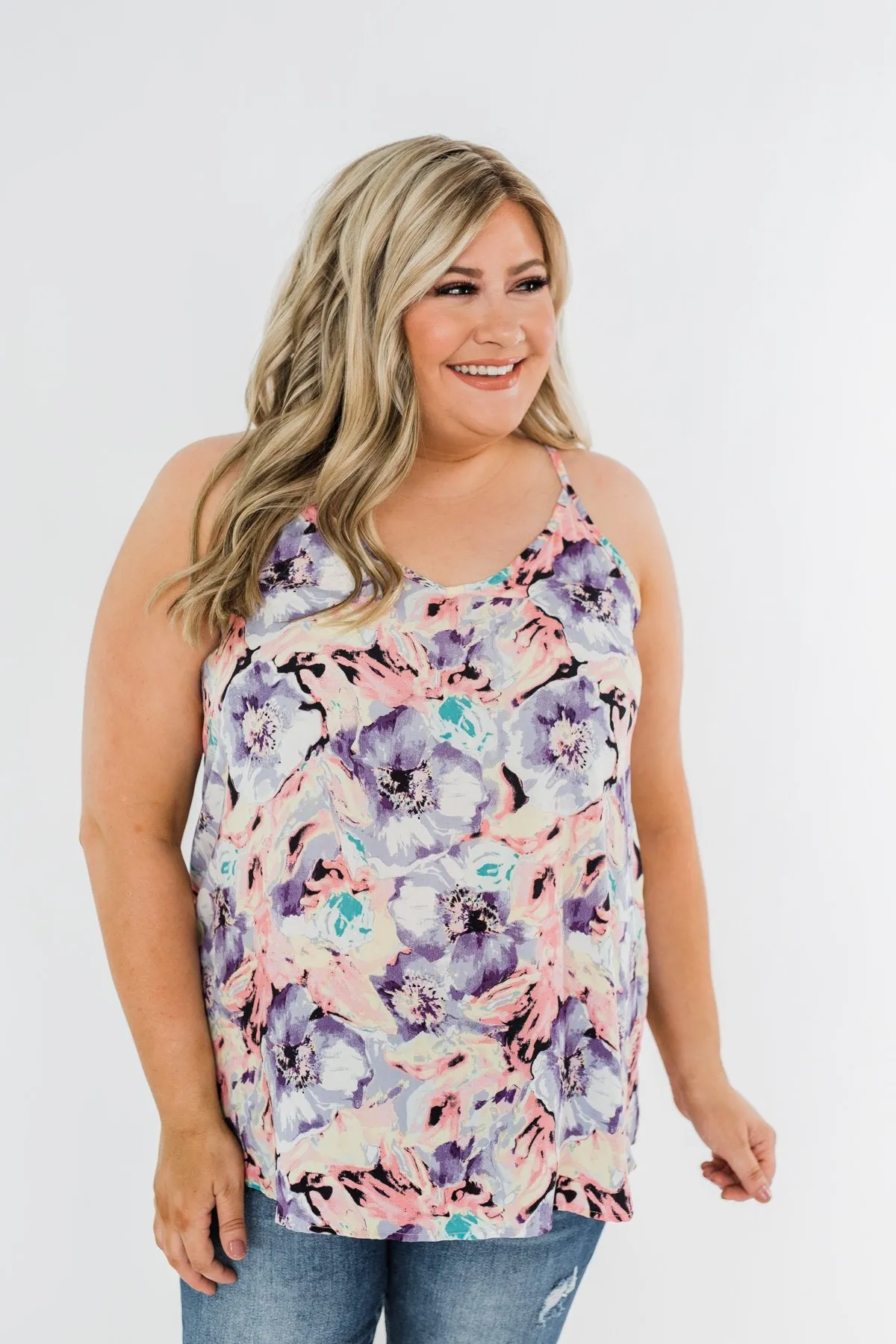 Beautiful Floral Tank Top in Purple, Pink, & Yellow