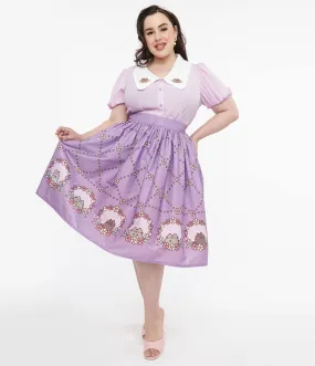 Lavender Pusheen Floral Frame Print Gellar Swing Skirt by Pusheen x Unique Vintage Plus Size