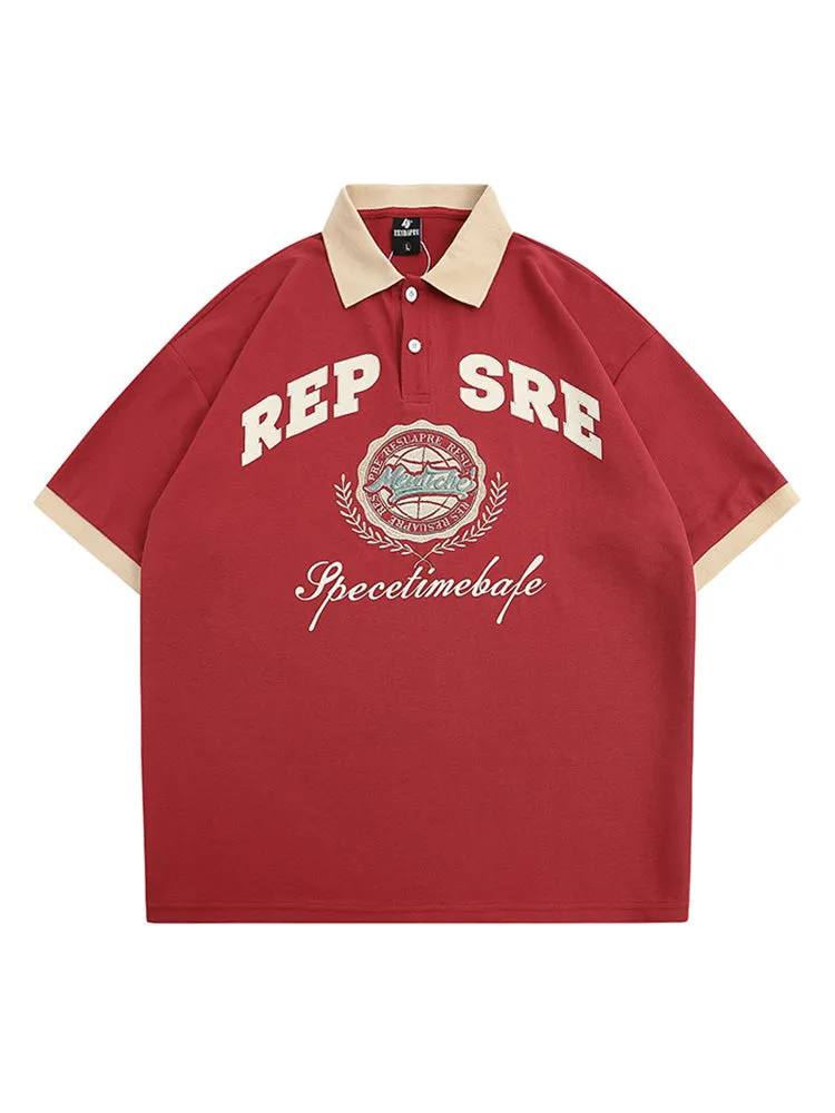 Retro Letter Print Lapel Embroidered Polo Shirts