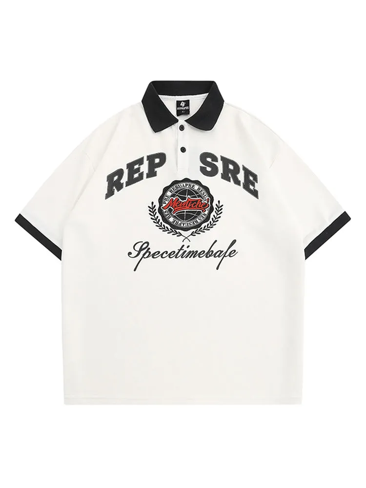 Retro Letter Print Lapel Embroidered Polo Shirts