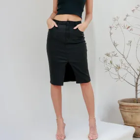 Black Wax Denim Midi Skirt