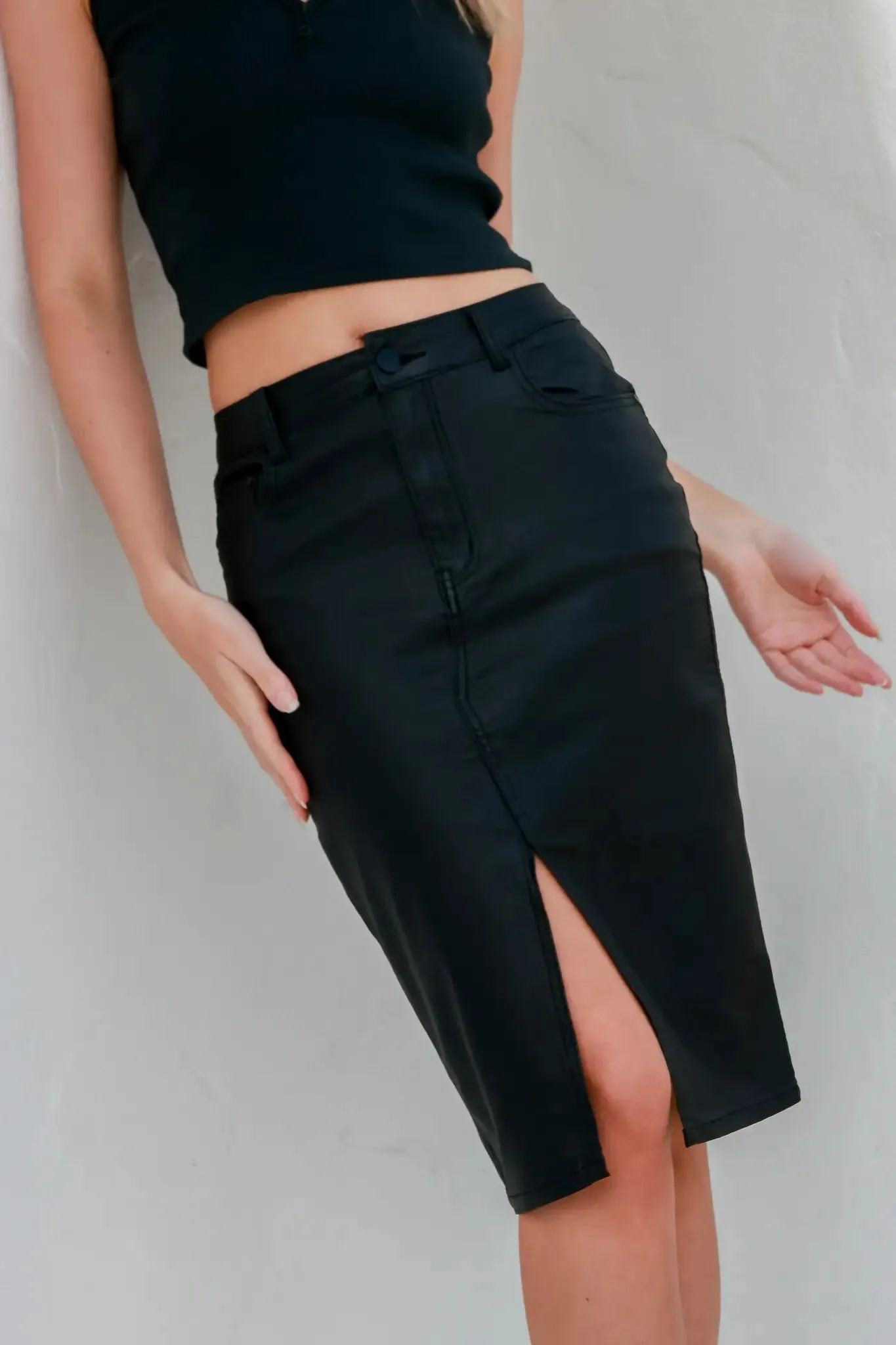 Black Wax Denim Midi Skirt