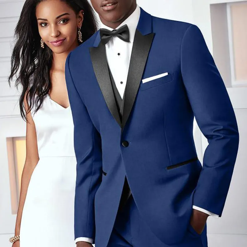 Blue Wedding Groomsmen Tuxedos for Groom Black Lapel Suit