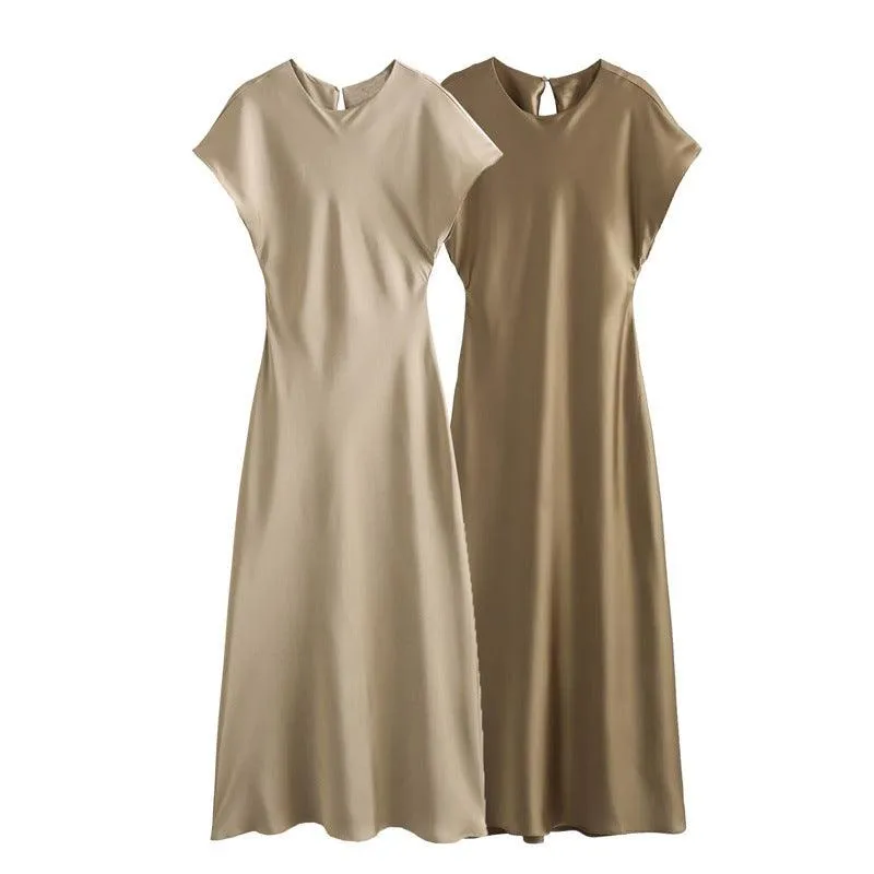 Party Evening Midi Dresses with Keyhole Back from Satin Robe Sleeveless