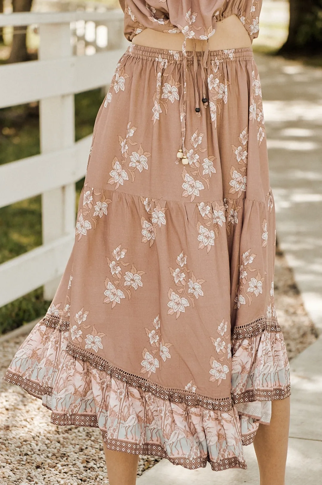 Chocolate Paper Crane Print Maxi Skirt