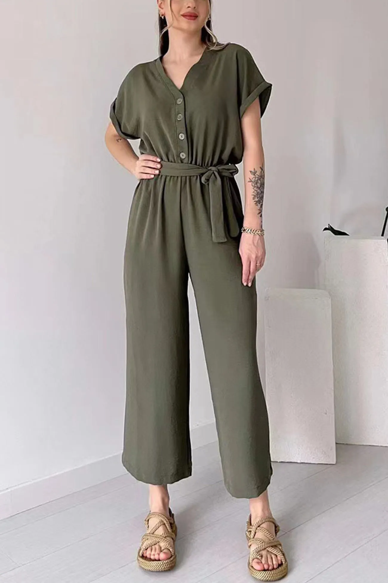 Short Sleeve Single-breasted Waisted Jumpsuits