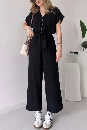 Short Sleeve Single-breasted Waisted Jumpsuits