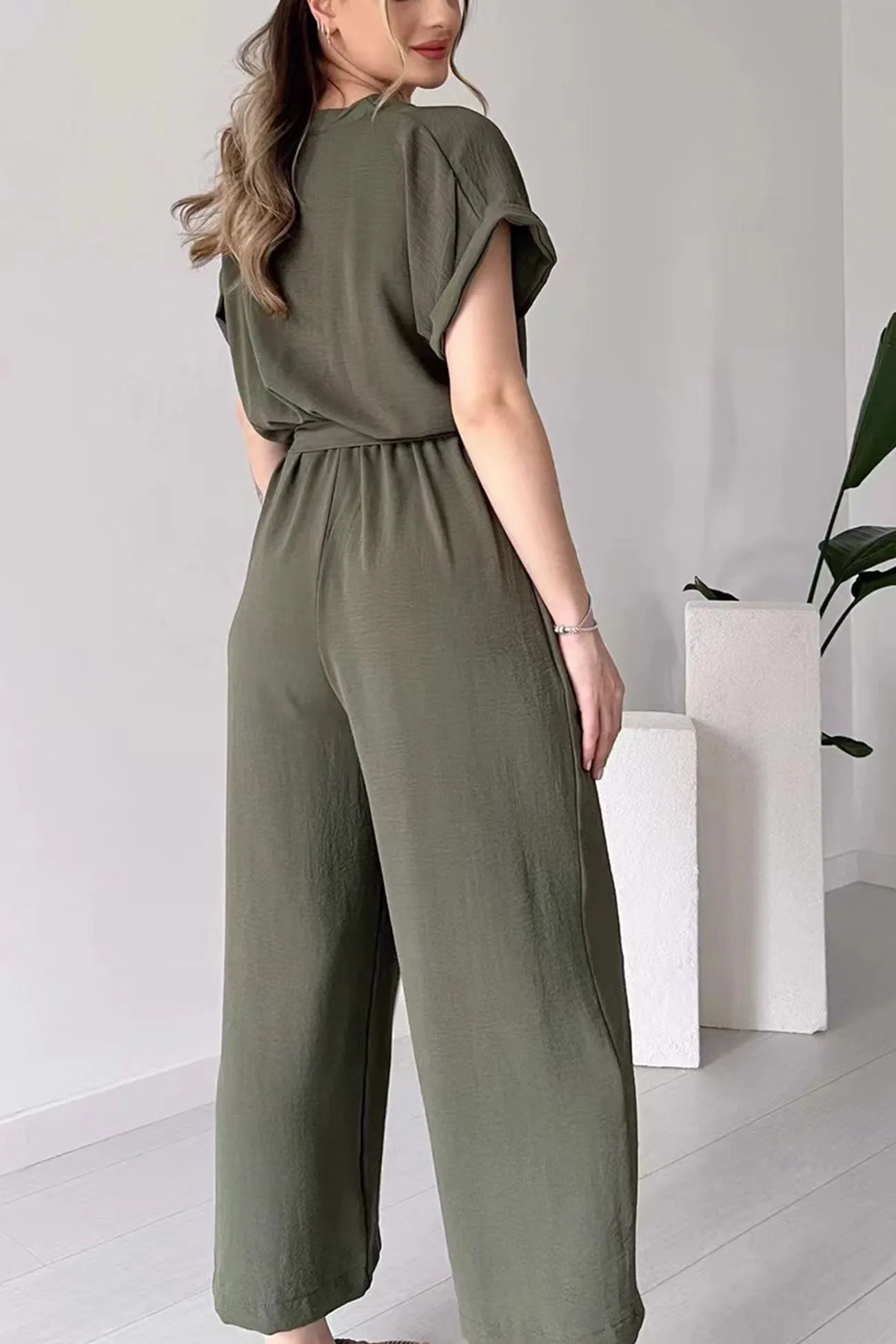 Short Sleeve Single-breasted Waisted Jumpsuits