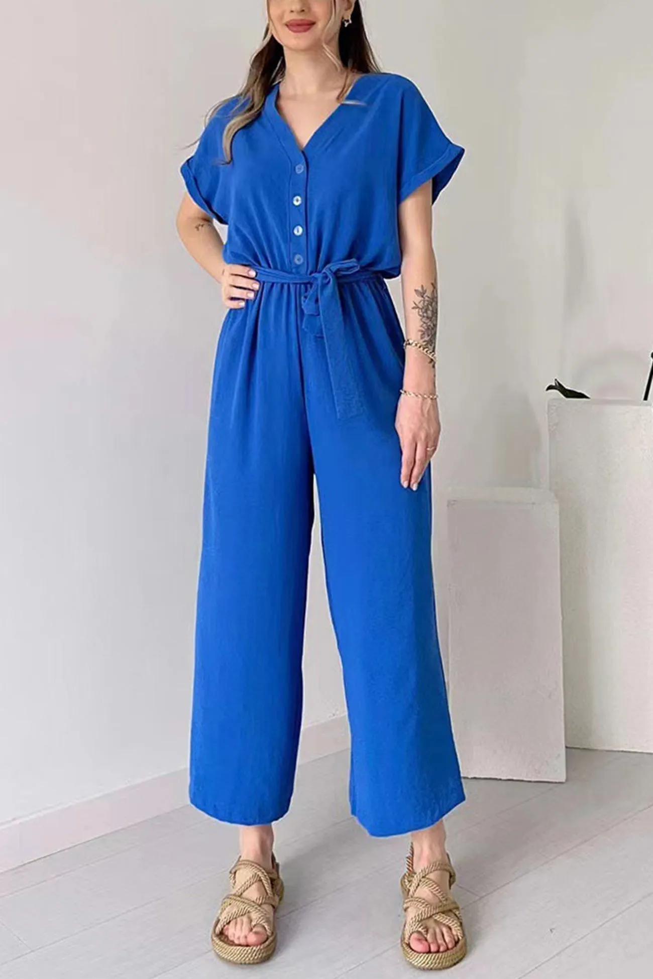 Short Sleeve Single-breasted Waisted Jumpsuits