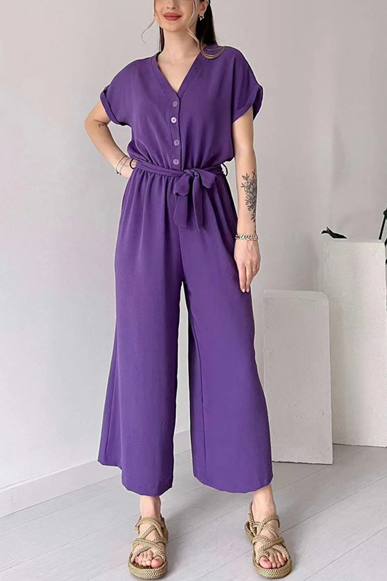 Short Sleeve Single-breasted Waisted Jumpsuits