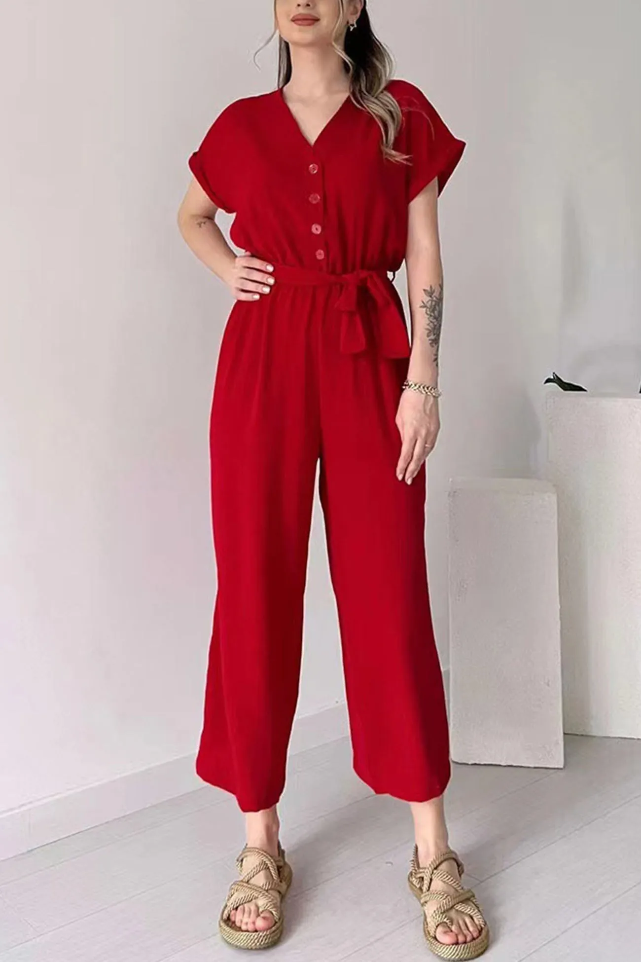 Short Sleeve Single-breasted Waisted Jumpsuits