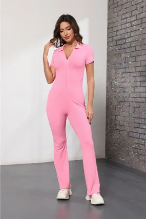 Short Sleeve Zipper Jumpsuits with Ribbed Texture