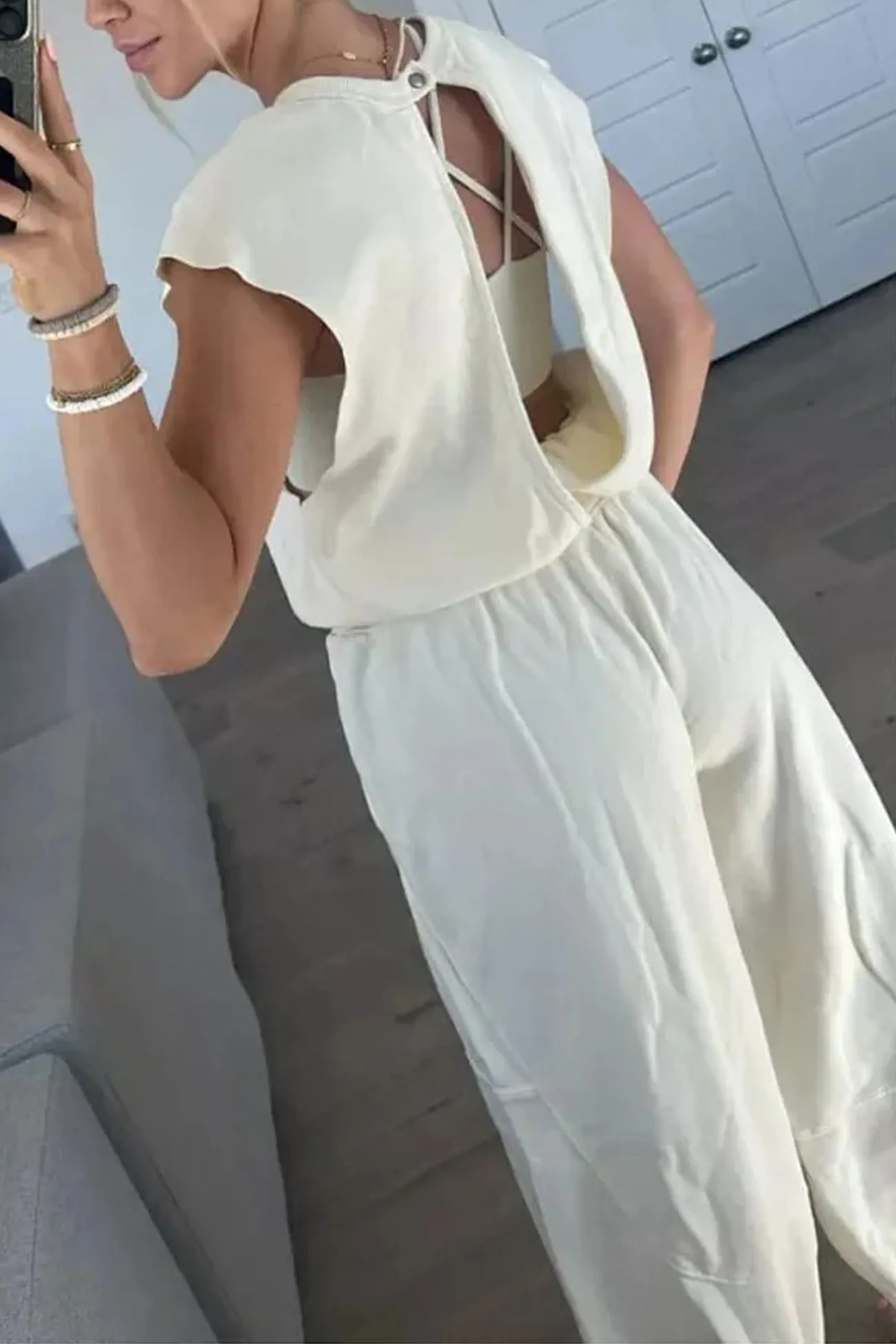 Sleeveless Cutout Drawstring Jumpsuit with Long Pants