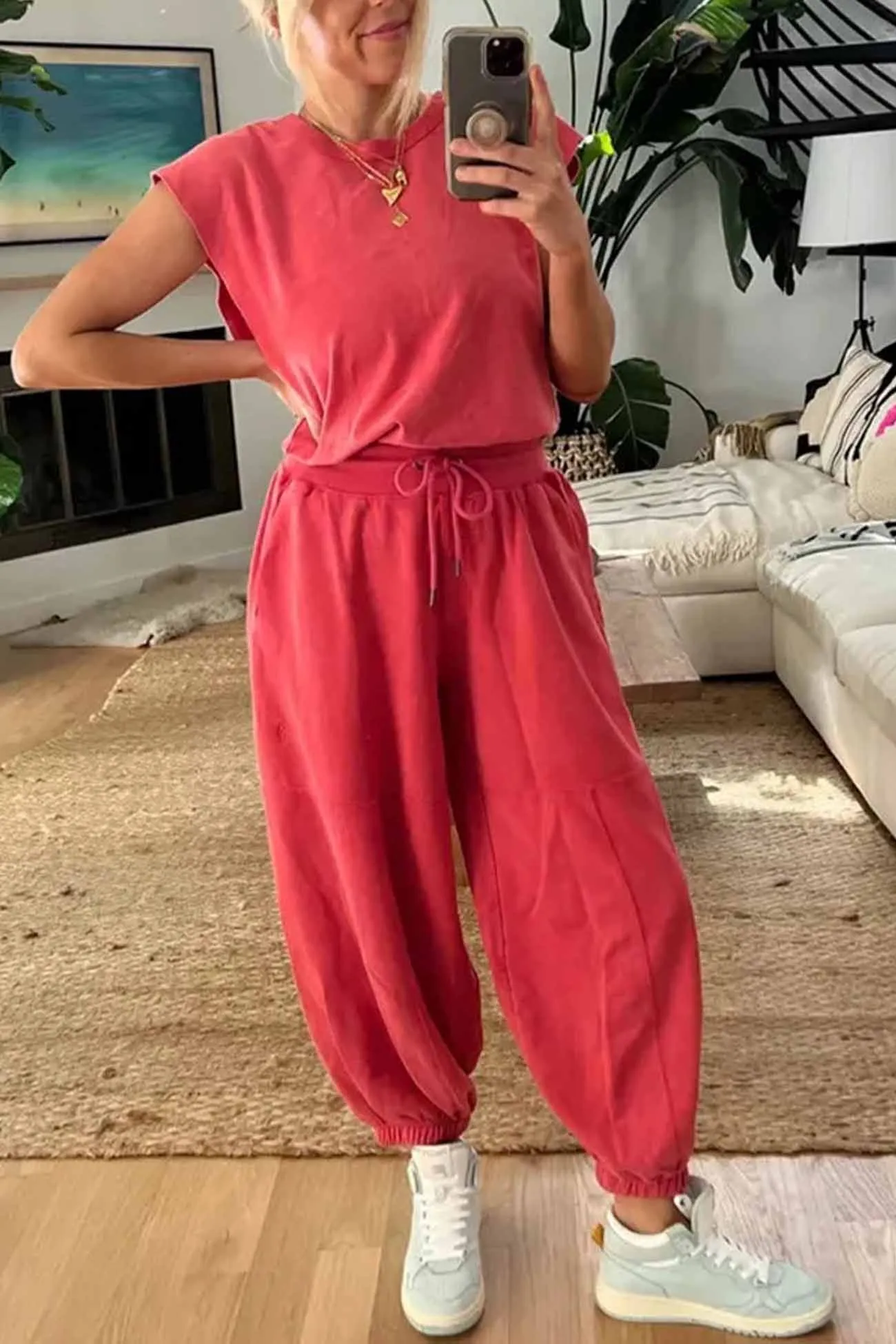 Sleeveless Cutout Drawstring Jumpsuit with Long Pants