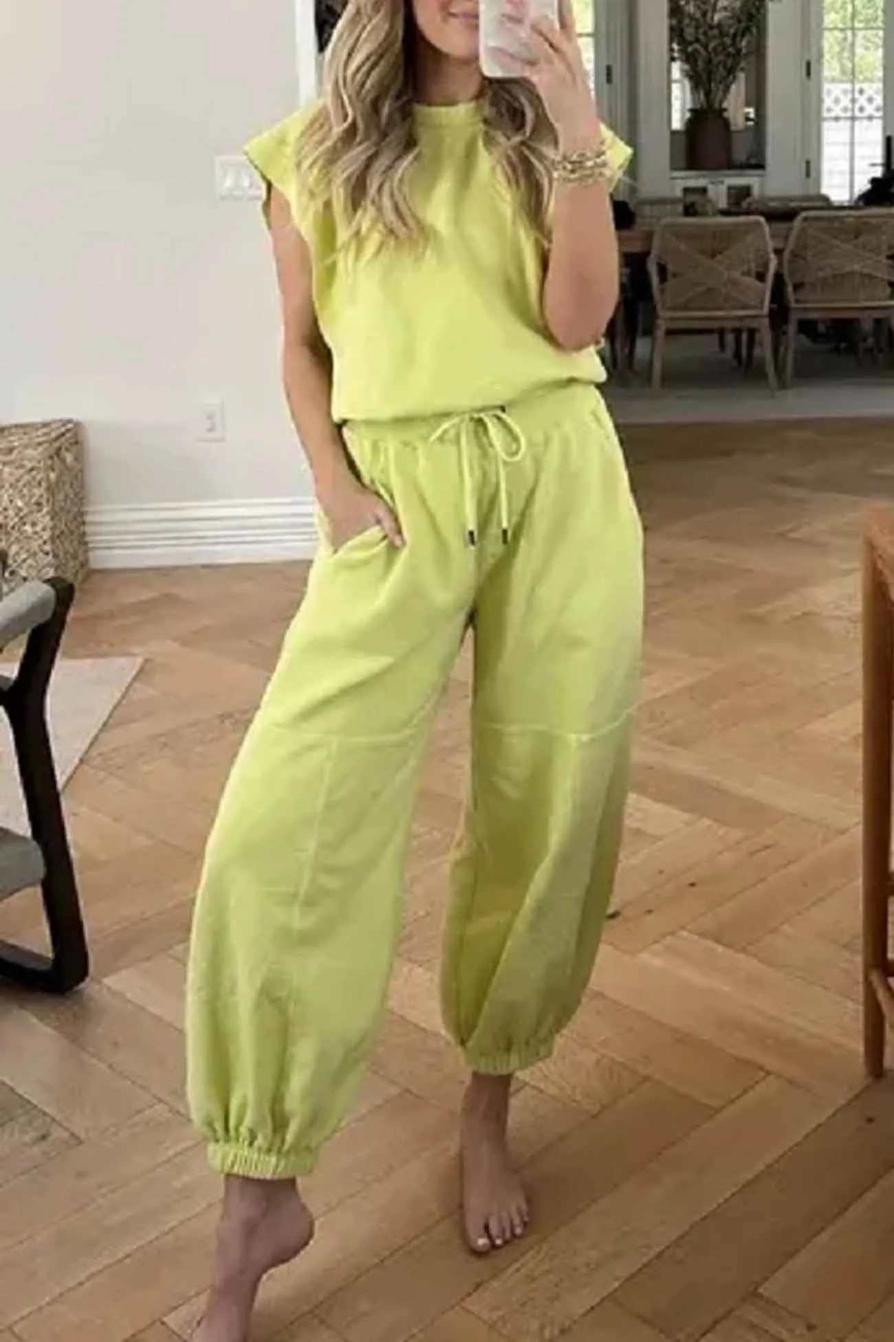 Sleeveless Cutout Drawstring Jumpsuit with Long Pants