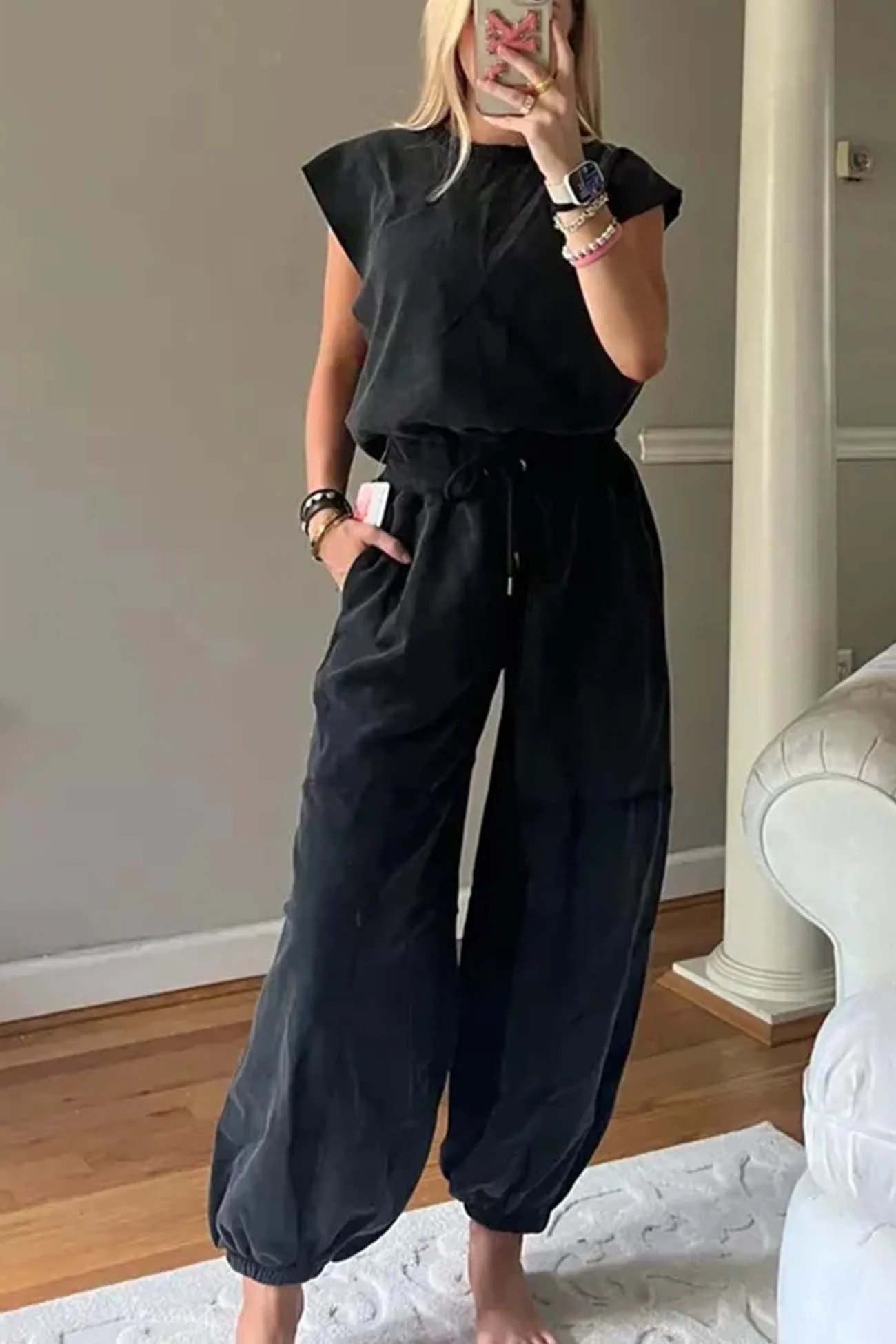 Sleeveless Cutout Drawstring Jumpsuit with Long Pants