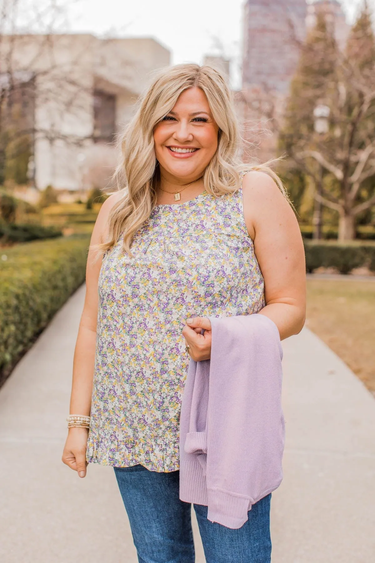 Floral Sleeveless Blouse in Lavender and Yellow