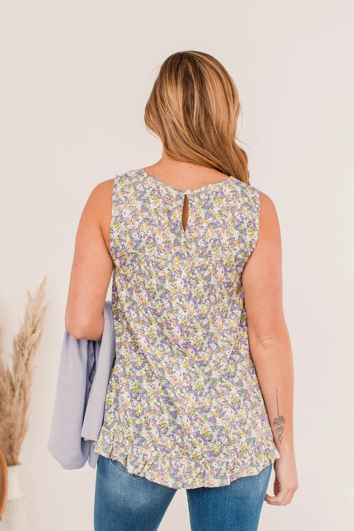 Floral Sleeveless Blouse in Lavender and Yellow